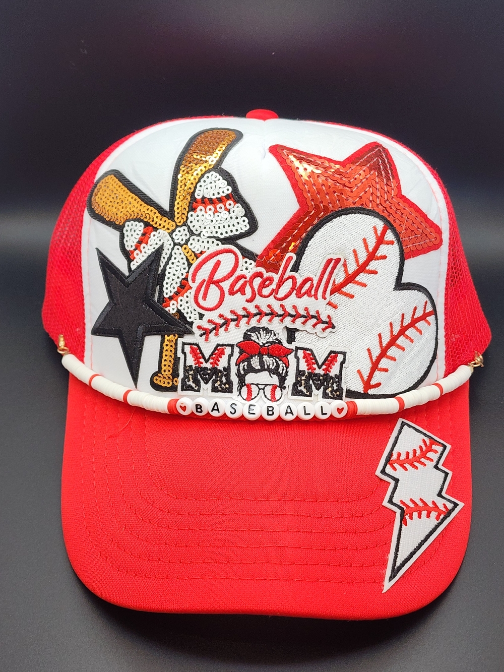Red Baseball Mom Sequin Trucker Hat